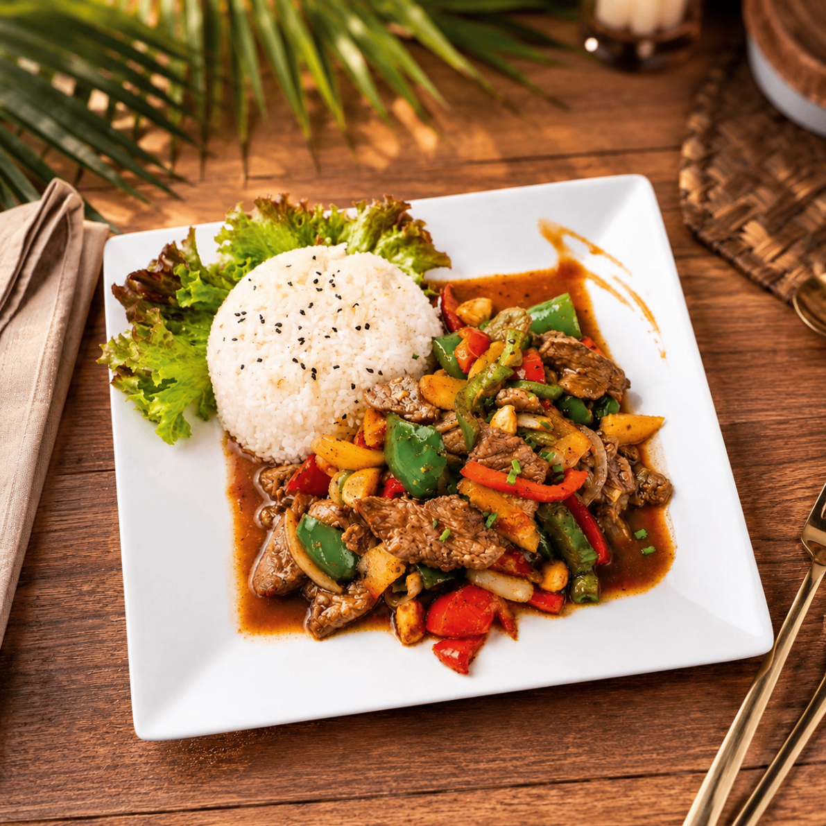 Caribbean pepper beef stir-fry with rice