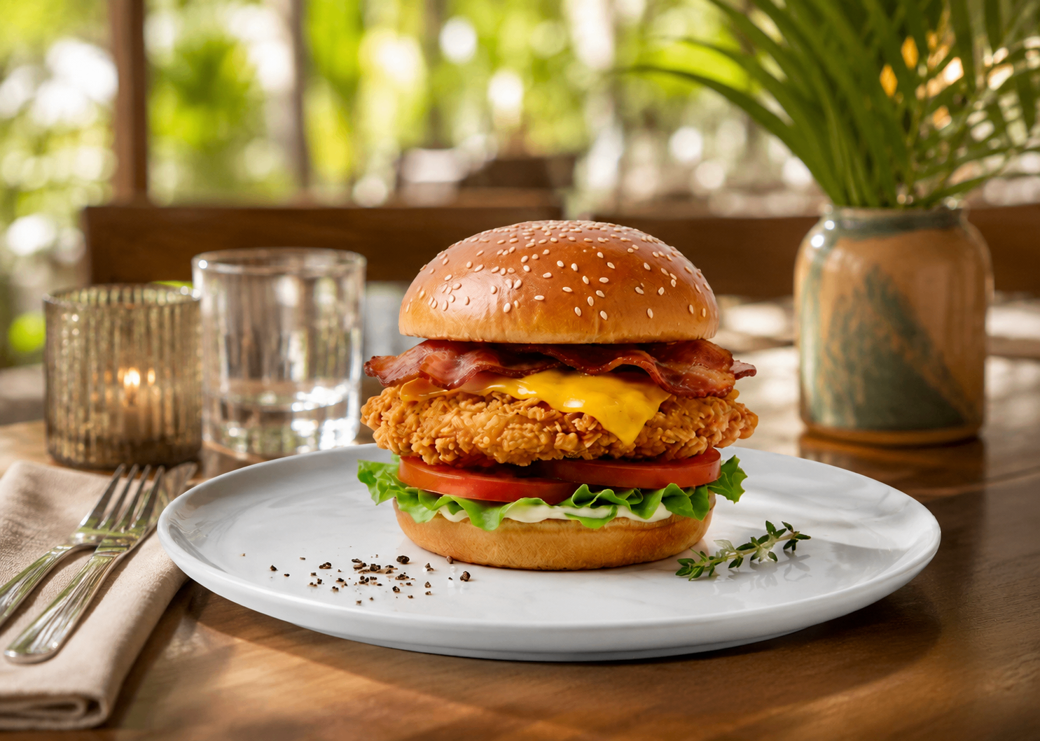 Caribbean crispy chicken burger with bacon and cheese
