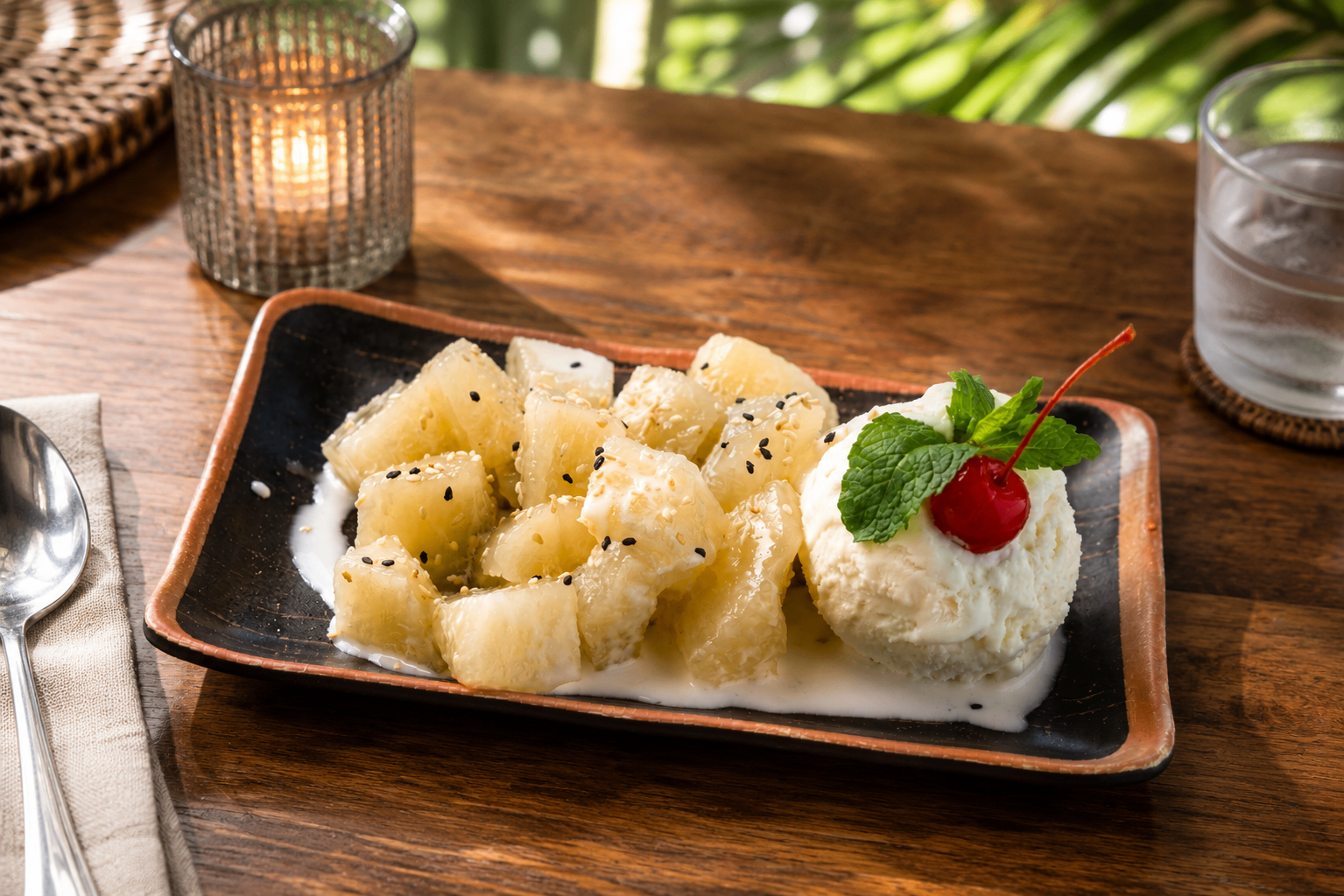 Fried cassava with vanilla ice cream and cherry