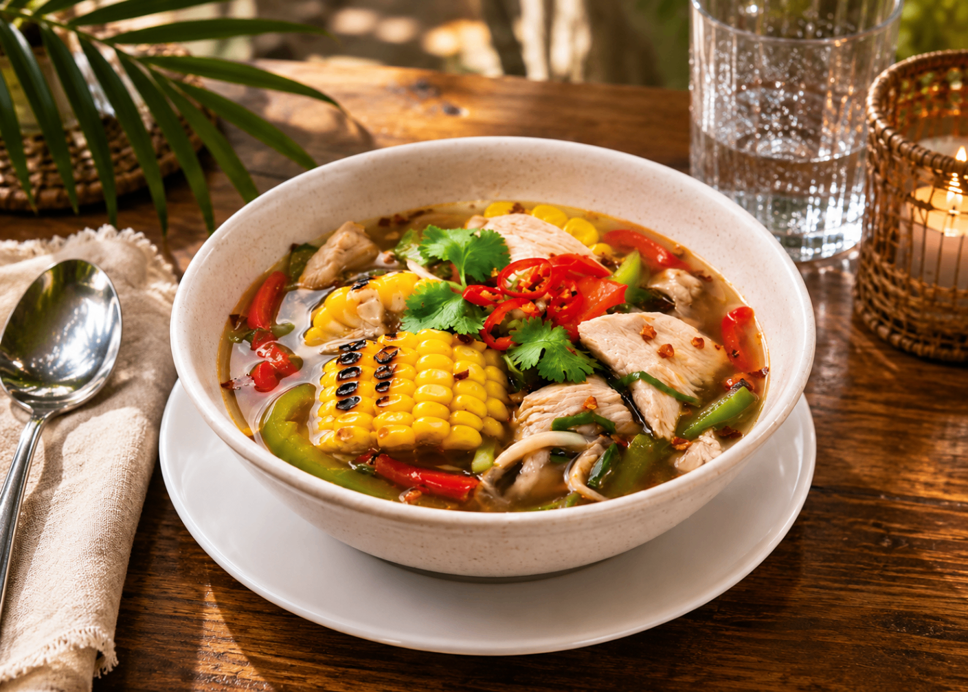 Spicy Caribbean chicken and corn soup