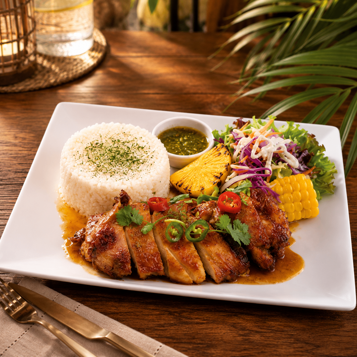 Jerk grilled chicken with rice, corn and salad