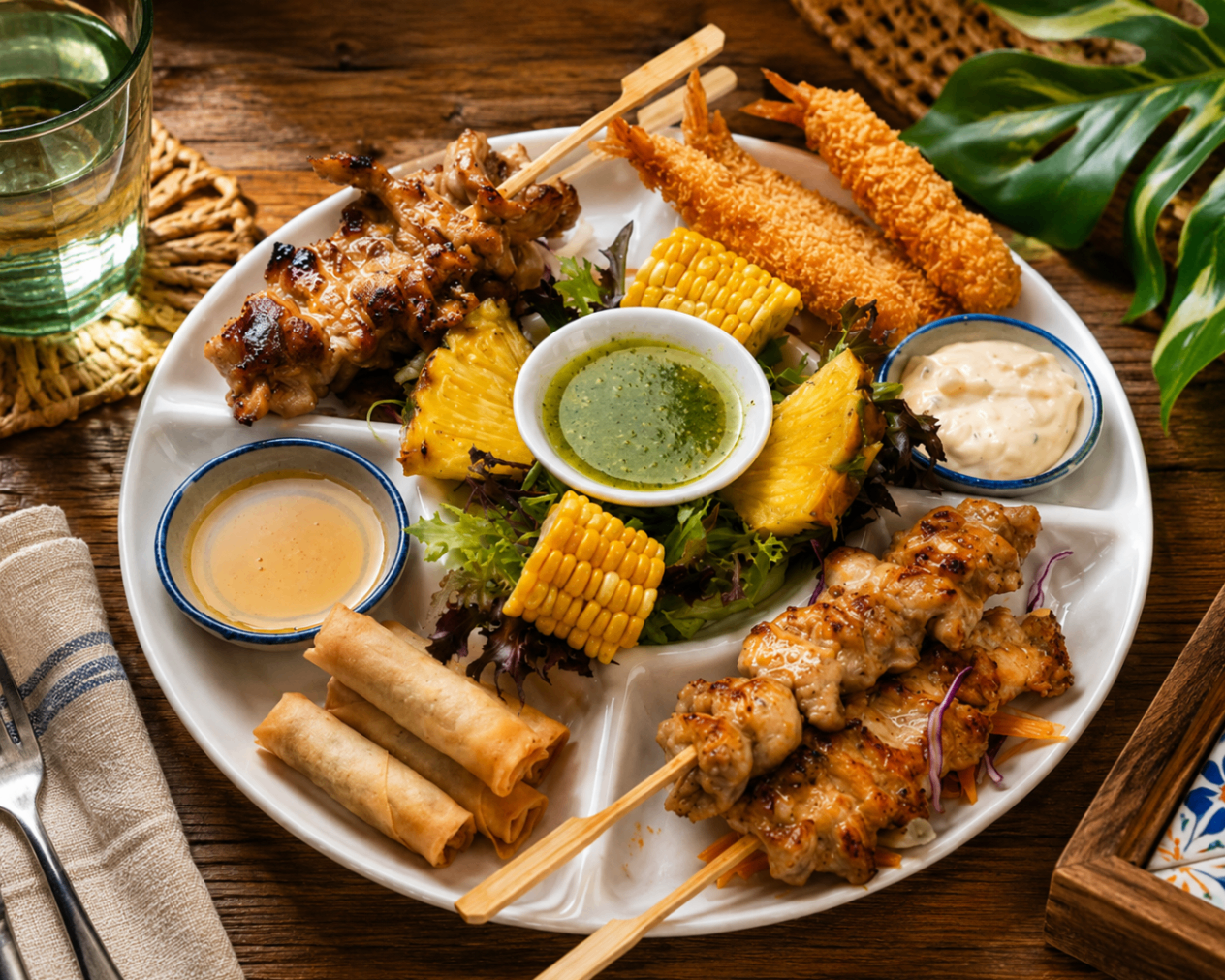 Island sharing platter with skewers, prawns and dips