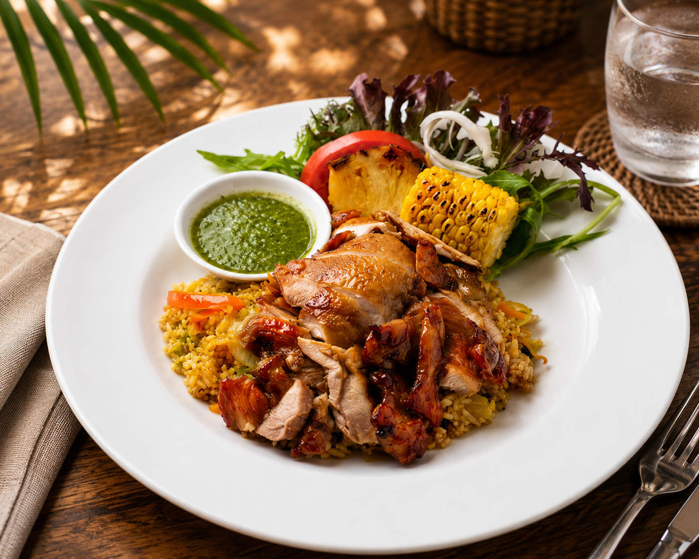 Jerk chicken over seasoned rice with corn, salad and green sauce