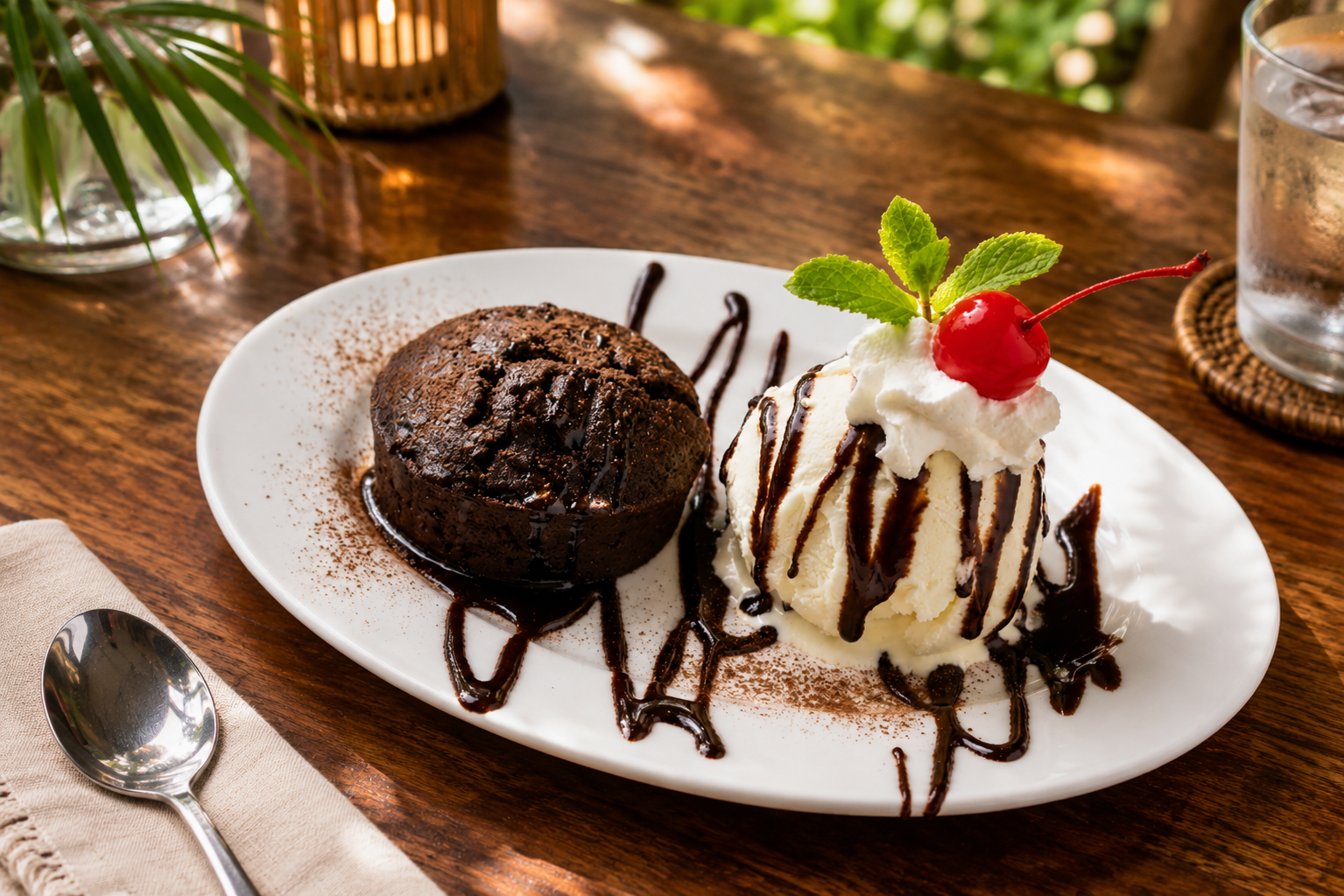 Chocolate lava cake with vanilla ice cream and cherry