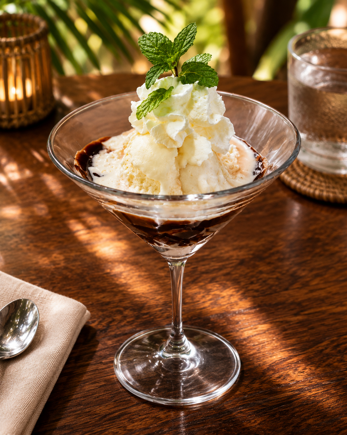 Vanilla ice cream sundae with whipped cream, mint and chocolate sauce