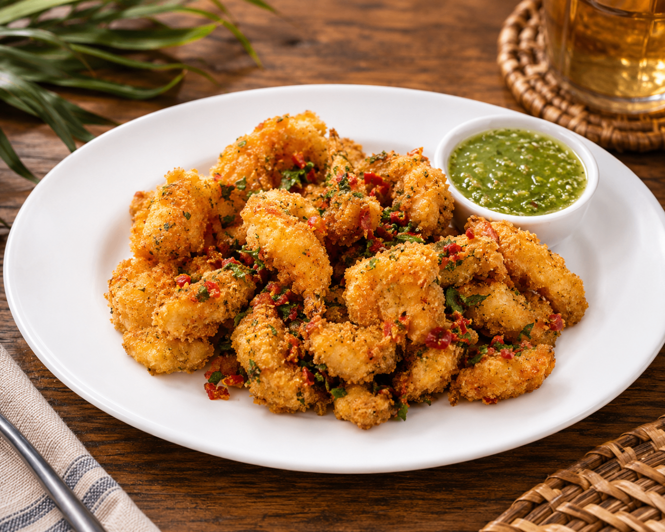 Crispy coconut prawns with green herb sauce