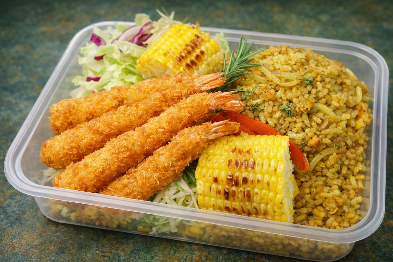 Takeaway box of crispy shrimp with curried rice and grilled corn