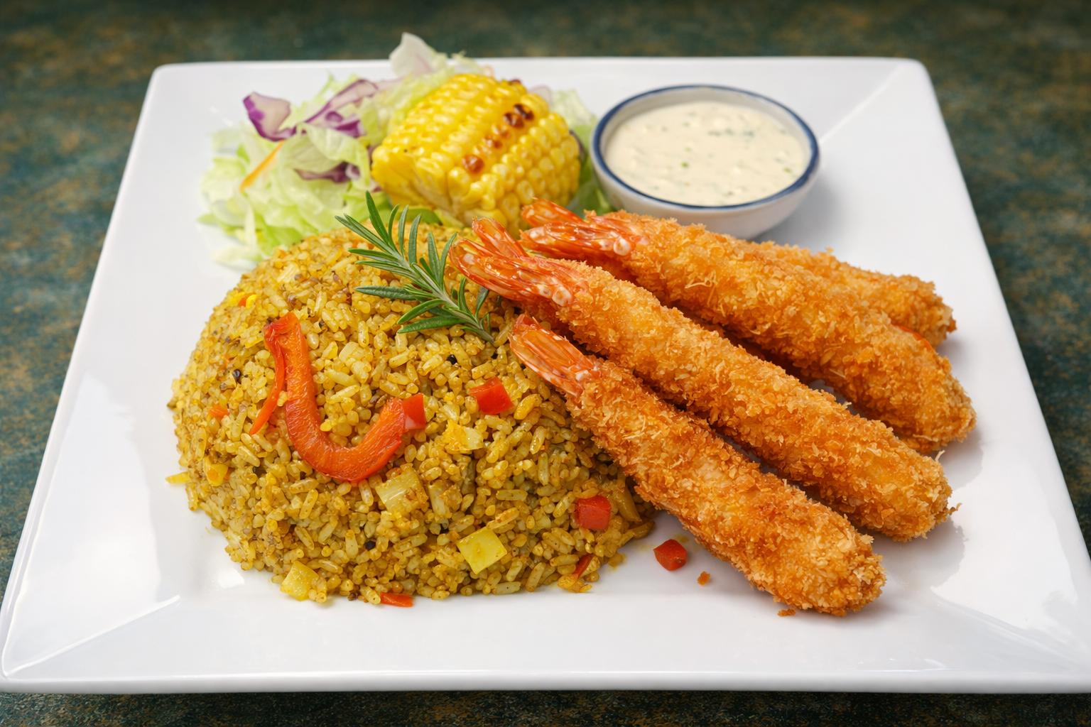Crispy panko shrimp with curried rice, corn and salad